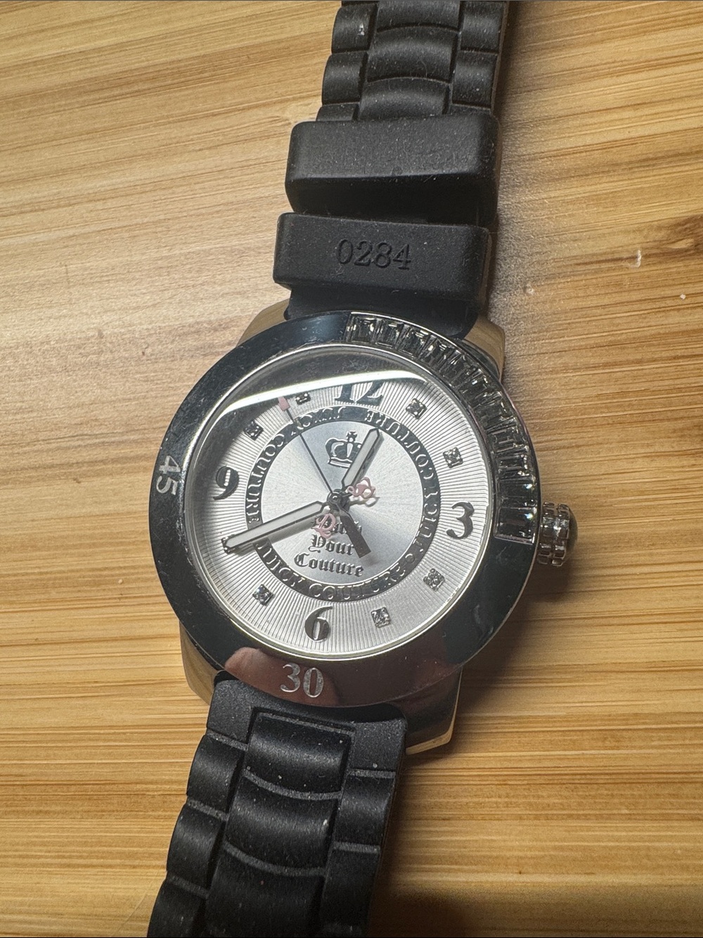 Juicy Couture Silver Dial Black Silicone Strap Watch with Crystal Accents